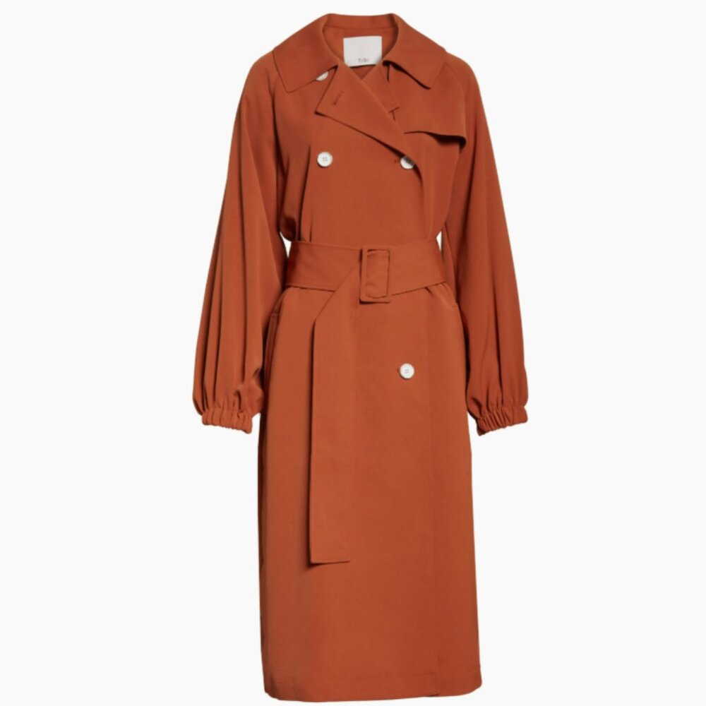 Tibi Draped Twill Balloon Sleeve Trench Coat in Rust | Size XS